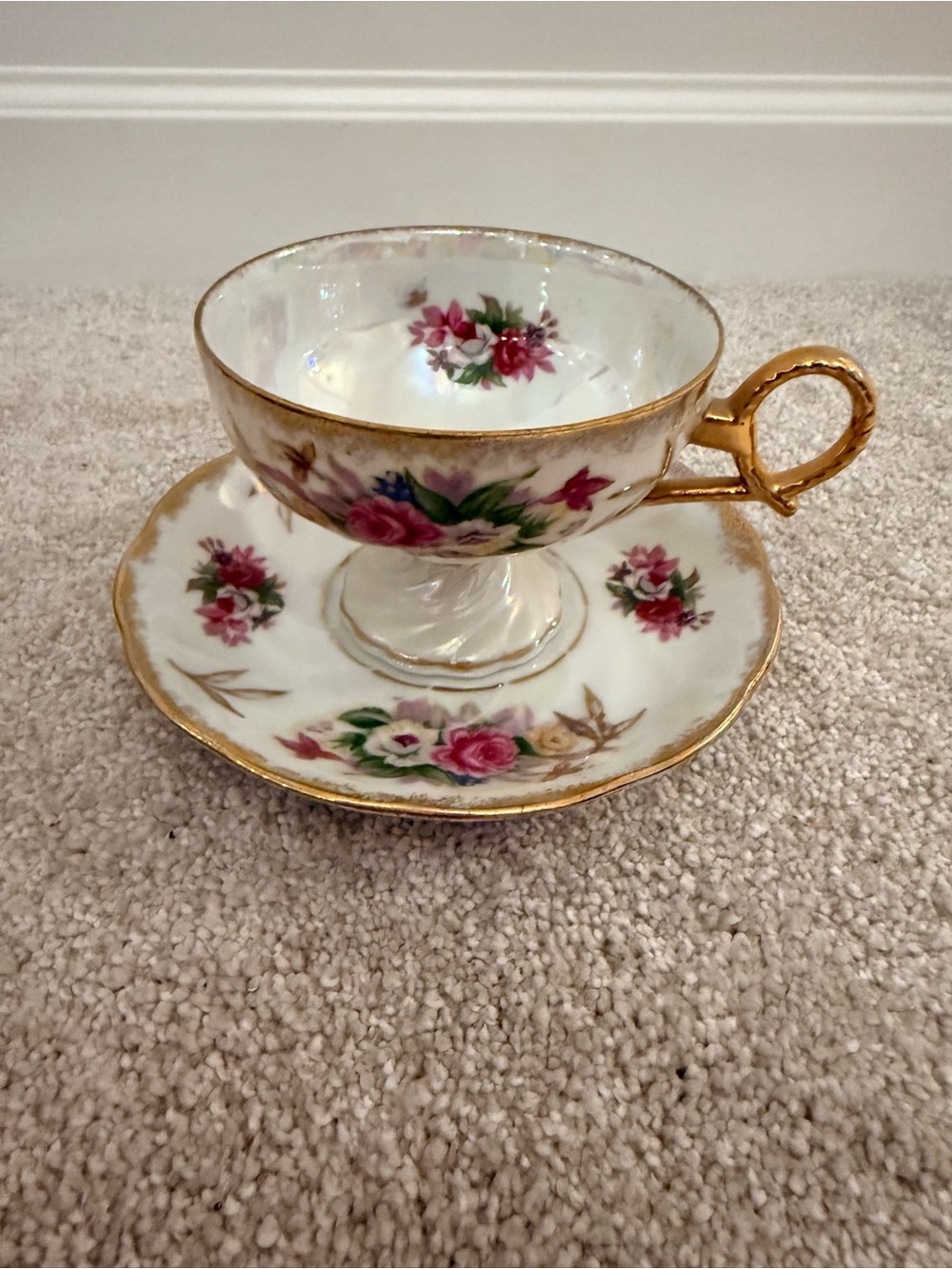 Vintage Floral Gold-Trim Teacup and Saucer - Pink Rose Pattern